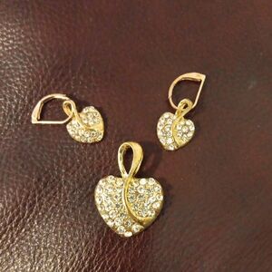 Gold Heart Crystal Pendant and Earring Set